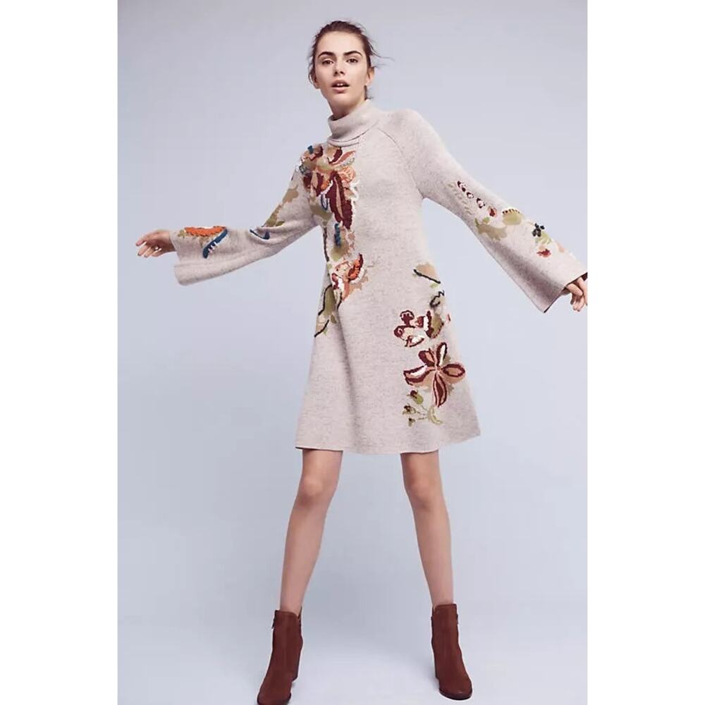 Anthropologie Knitted & Knotted Embroidered Petals Swing Dress Size XXSP